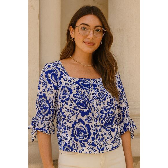 Rachel Zoe XS Blue/White Floral Linen Blend Puff Sleeve Top Preppy Boho Coastal - Picture 1 of 8